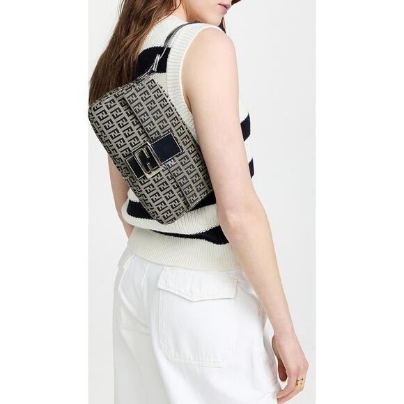 Fendi Zucchino Canvas & Leather Baguette Shoulder Handbag Light Gray/Navy Blue - Picture 1 of 16